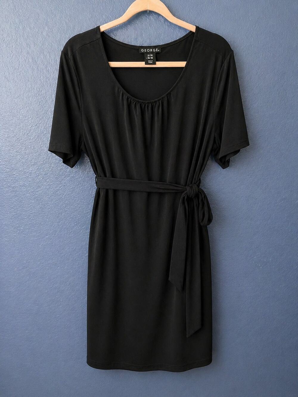 George Black Short Sleeve Tie Waist Dress Knee Length, Stretch XL 16-18